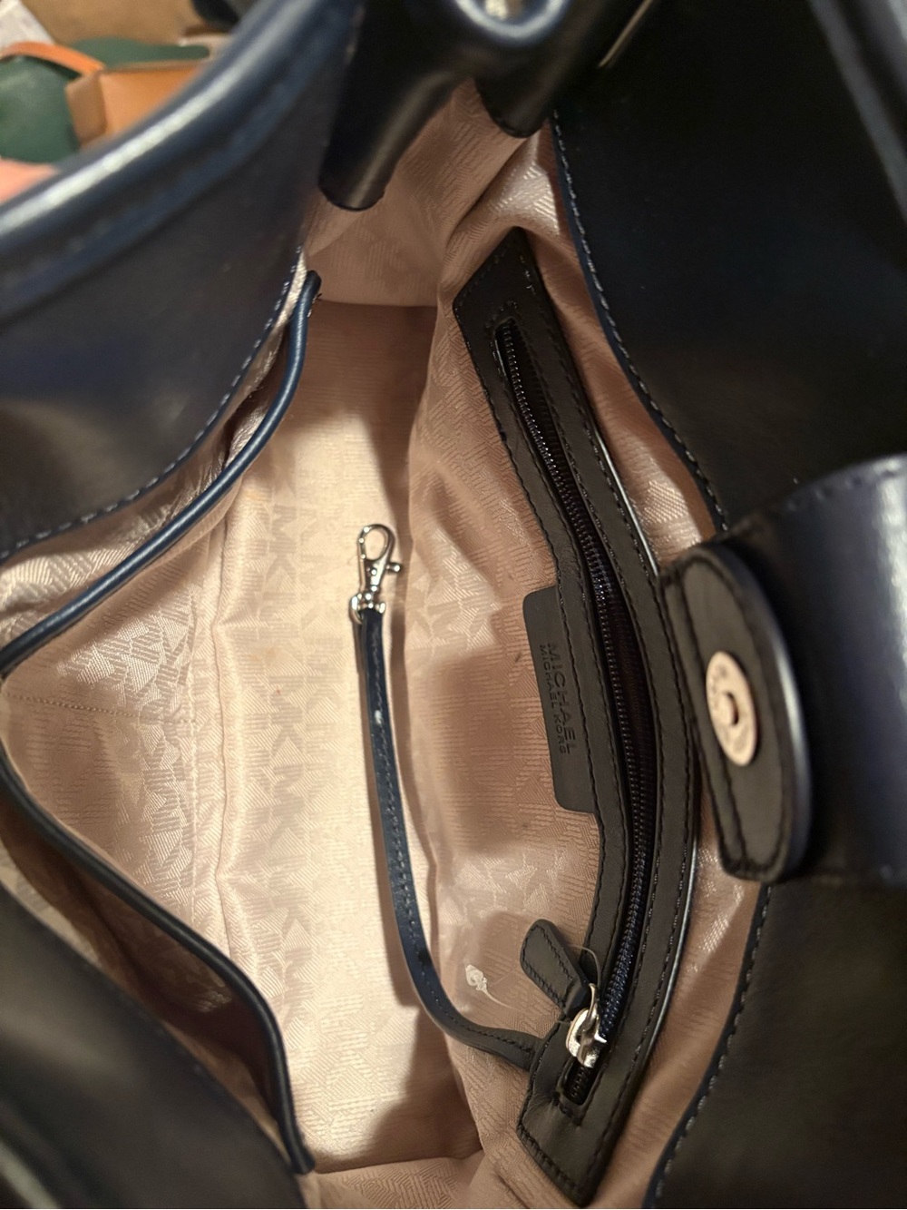 Michael Kors Hamilton Center Stripe Blue Navy & Canvas Satchel w/ Silver Lock - Picture 5 of 5